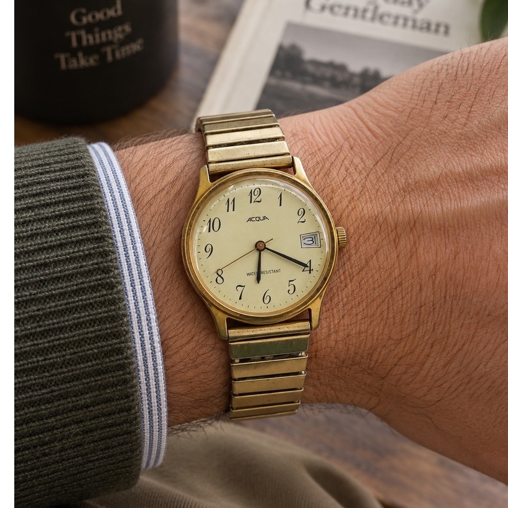 Vintage Acqua Timex Men's Watch Mechanical Wind Up Gold Tone Date Working